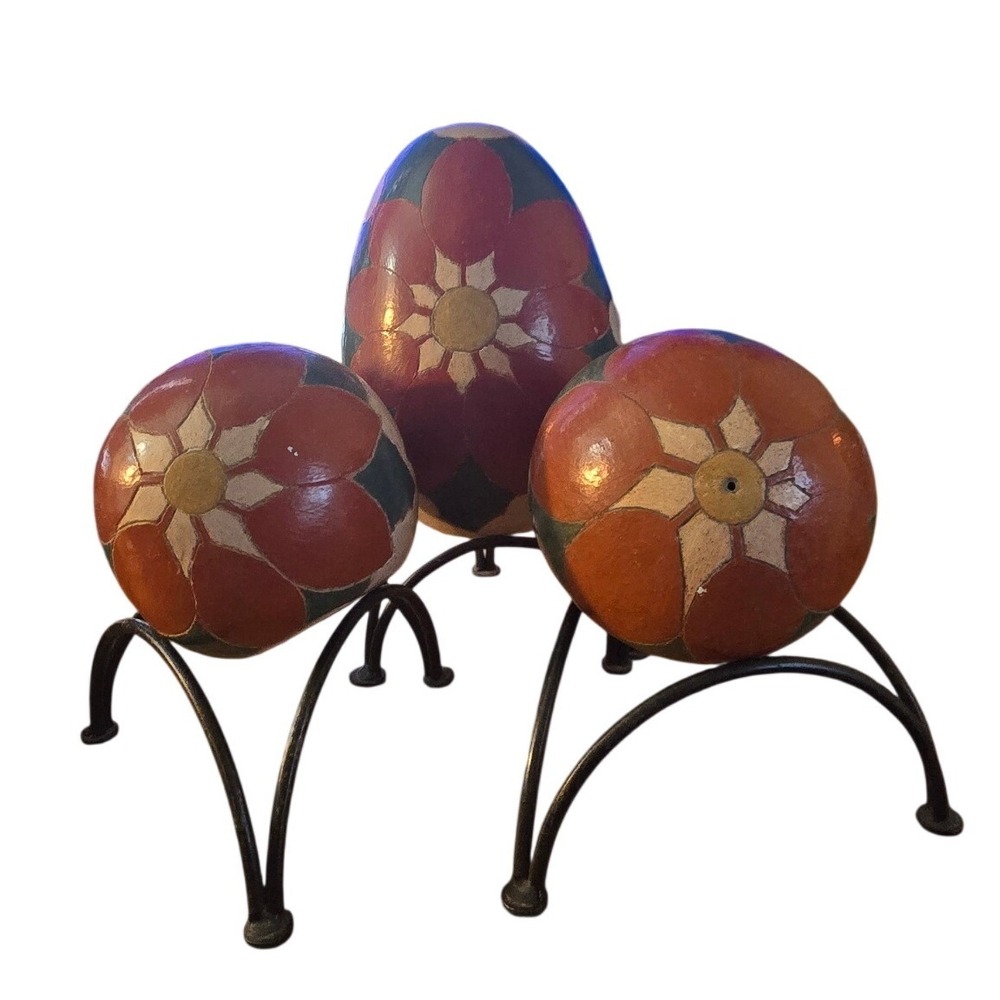Mexican Folk Art Hand Painted Floral Ceramic Eggs with Wrought Iron Stands Set 3